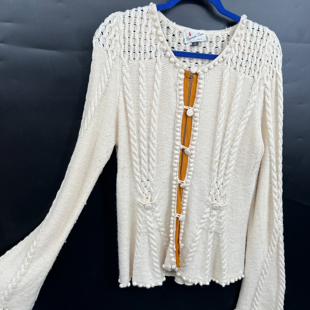 Anthropologie Laureate Lane retro grandma sweater cable knit pom pom XL - Picture 11 of 13